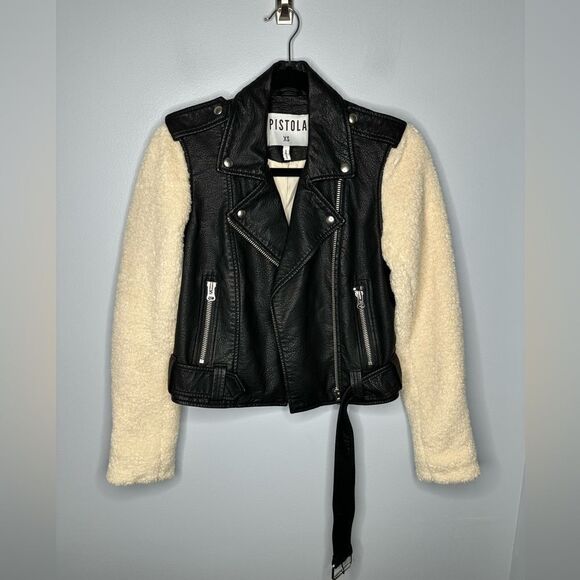 Pistola Anita Faux Leather Moto Jacket with Sherpa Sleeve size XS - Picture 6 of 9
